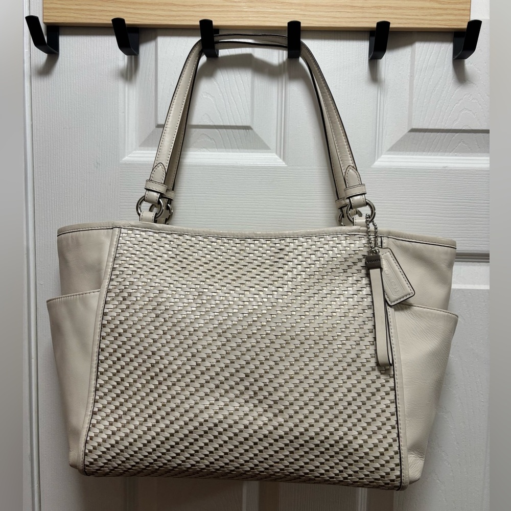 Coach C1420-F31285 Park Woven Leather Zip Top Tote in Parchment & Silver BNOT